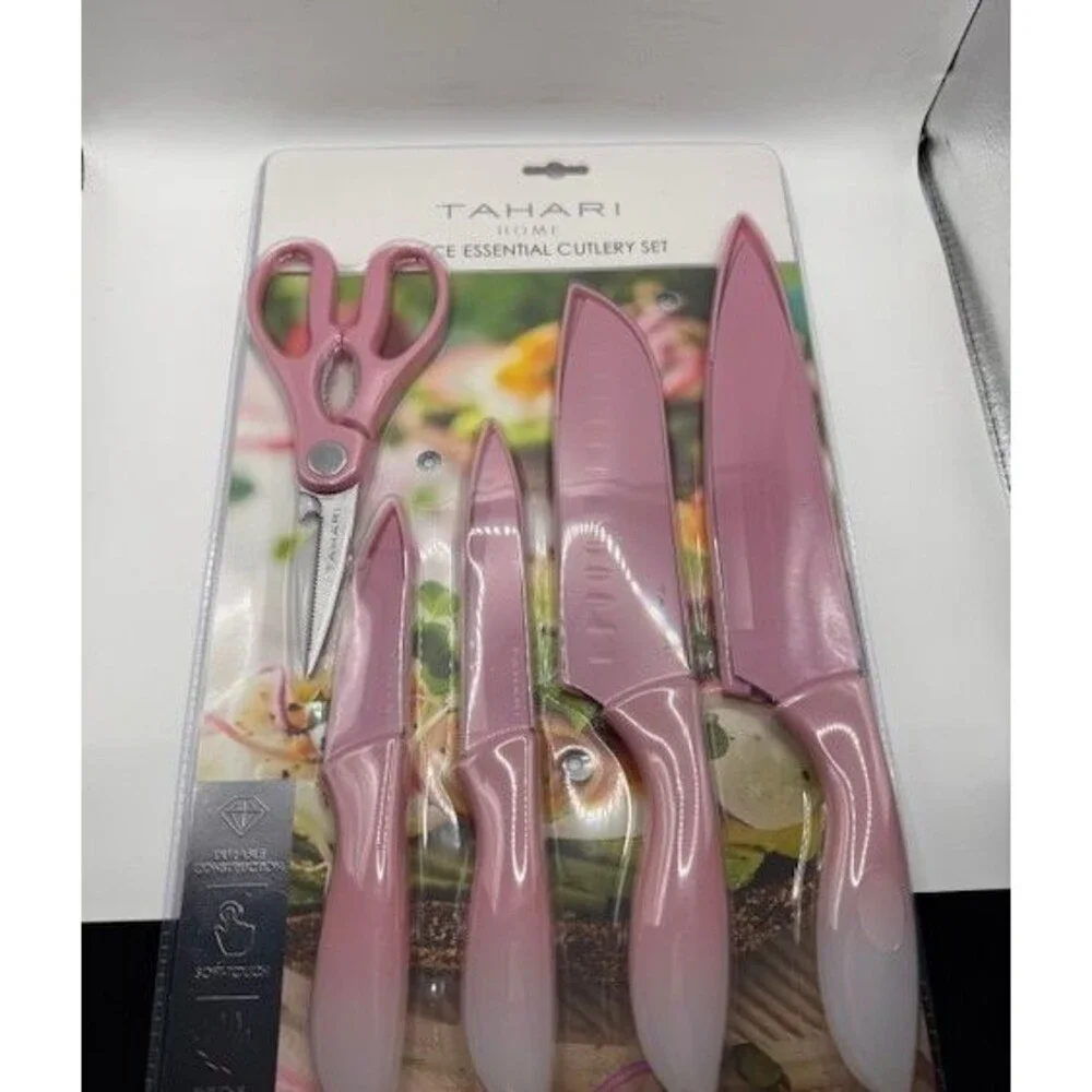 9-Piece Essential Cutlery Set Pink Knives w/ Sheaths & Scissors
